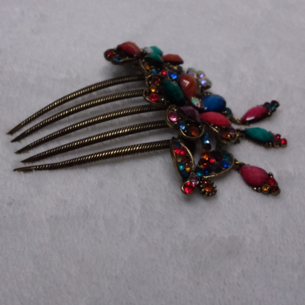 Multi Color Rhinestones Flower Hair Comb - Picture 2 of 7